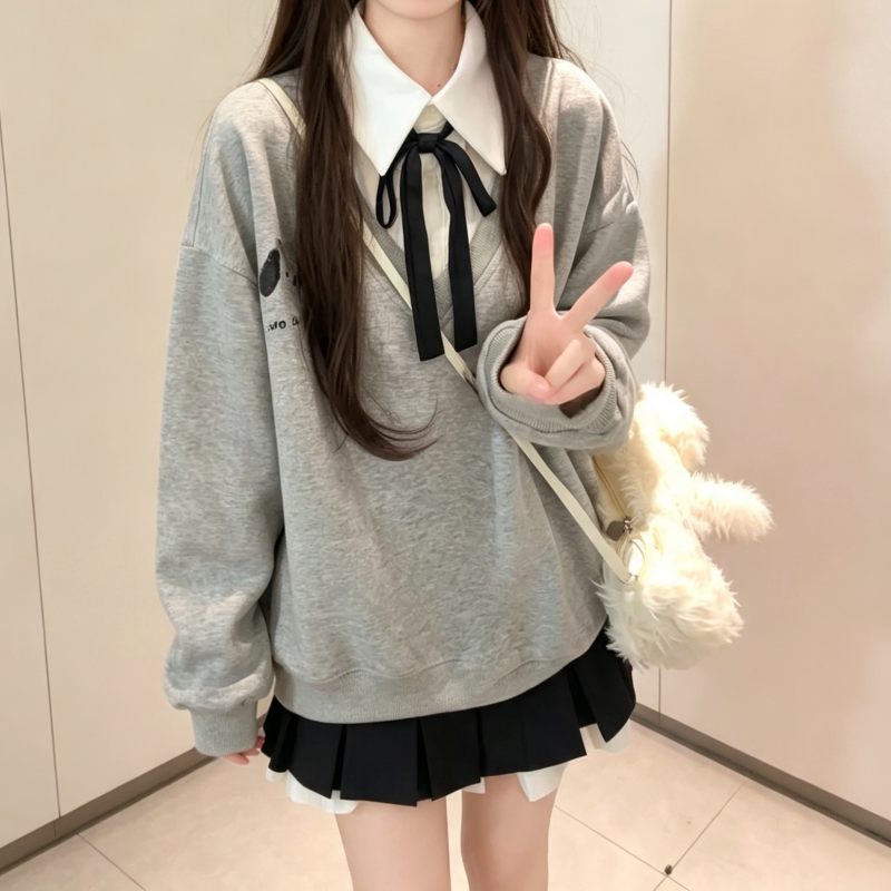 假两件衬衫领卫衣少女2026秋冬新款初高中学生甜美蝴蝶结打底上衣