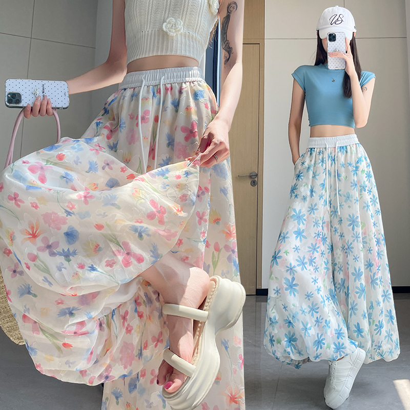 彩色花苞阔腿裤女夏季2025新款初高中学生冰丝薄休闲灯笼九分裙裤