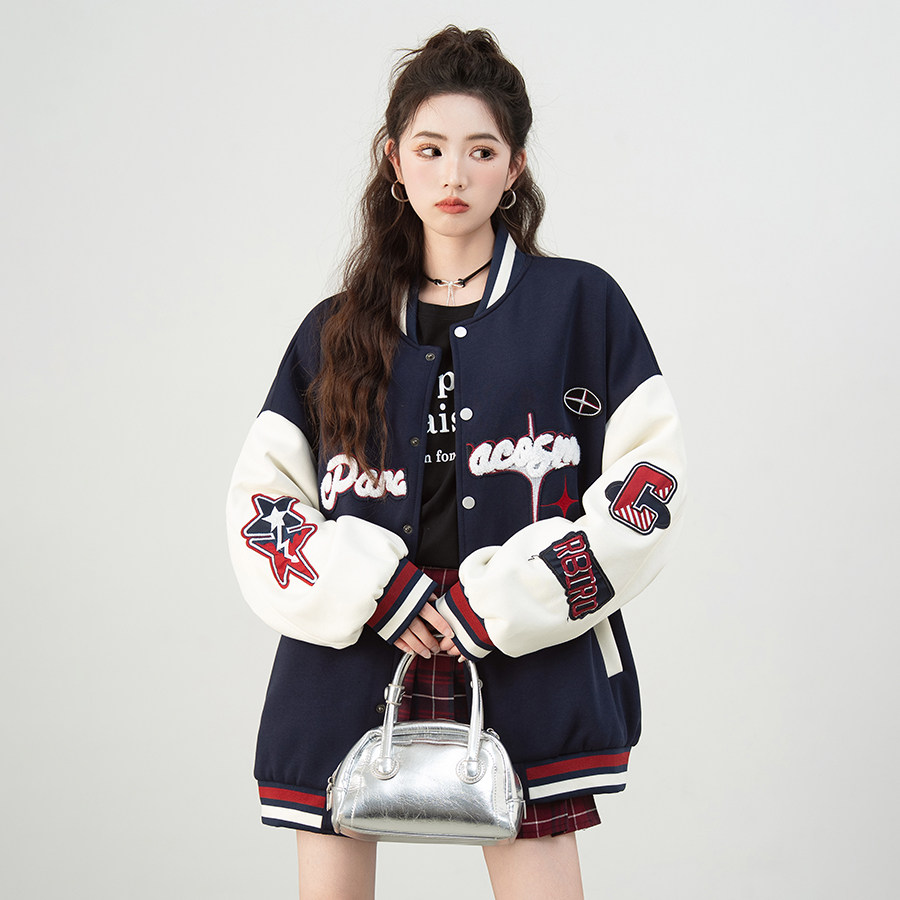 美式复古棒球服外套女秋季新款初高中学生设计感潮流运动宽松上衣