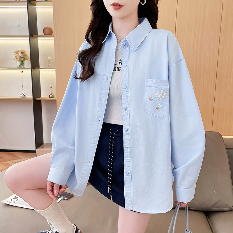 韩版刺绣长袖衬衫女2026早秋新款初高中学生宽松潮流休闲衬衣外套