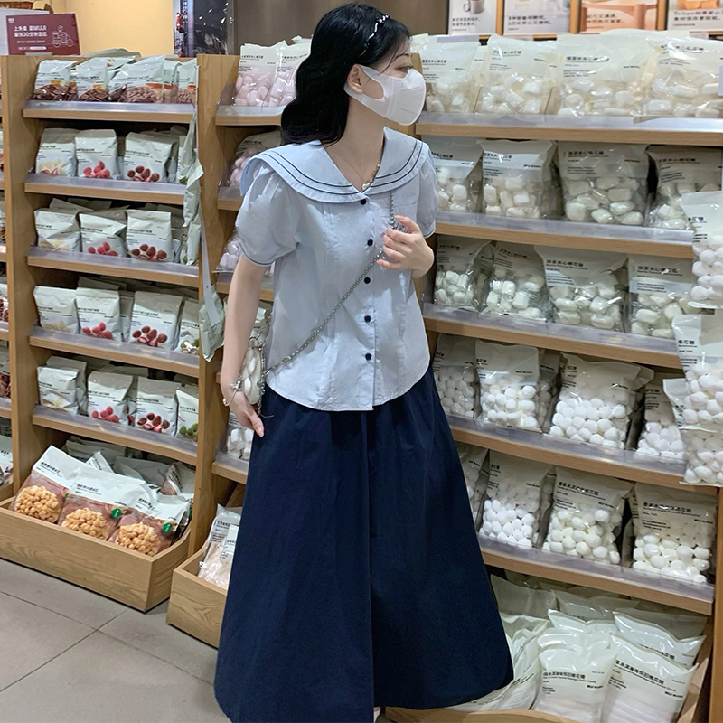 复古海军领连衣裙套装女夏季2025新款初高中学生衬衫半身裙两件套