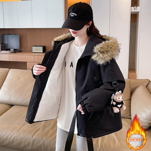 加绒加厚毛领冲锋衣外套女冬季2025新款初高中学生宽松工装棉服潮