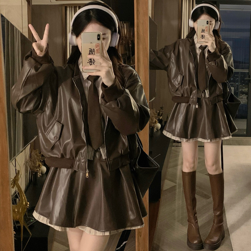 设计感领带皮衣外套皮裙套装女秋冬2025新款短皮裙巴恩风两件套潮