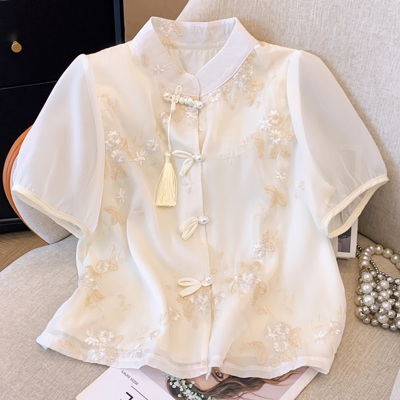 国风刺绣网纱拼接衬衫少女2025夏季新款初中高中学生盘扣立领衬衣