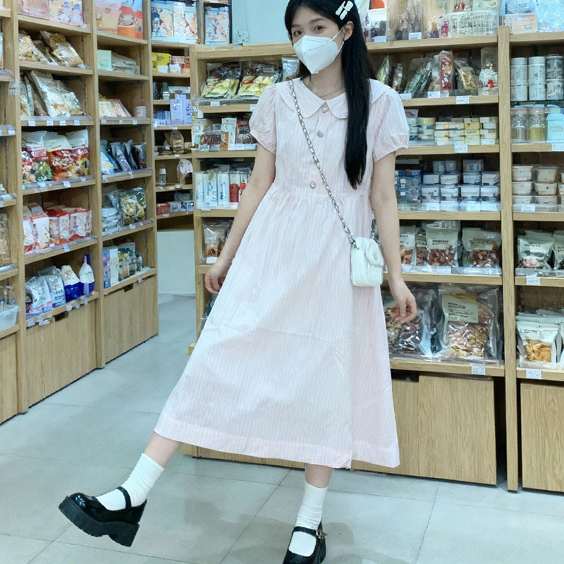 甜美小清新条纹短袖连衣裙女夏季2026新款初高中学生显瘦公主裙子