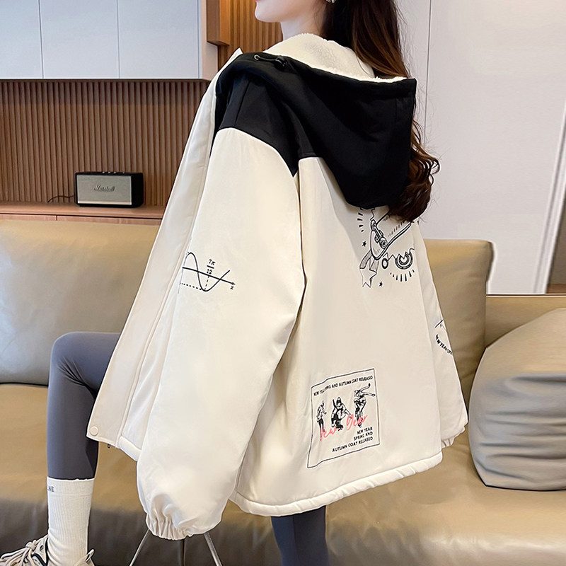 羊羔绒加厚冲锋衣外套少女秋冬2025新款初中高中学生几何数学棉服