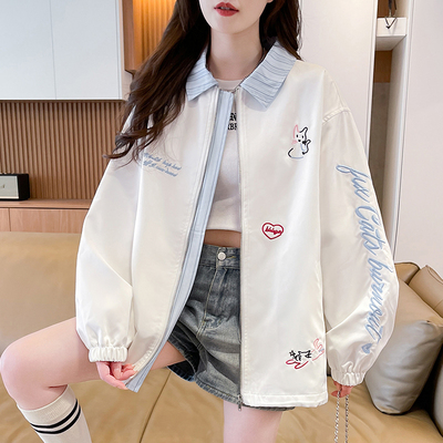 甜美刺绣翻领外套少女2025秋季新款初高中学生拼色宽松工装夹克潮