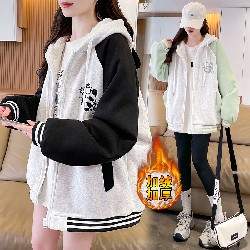 加绒加厚连帽棒球服外套女秋冬新款初高中学生羊羔毛可爱刺绣棉服