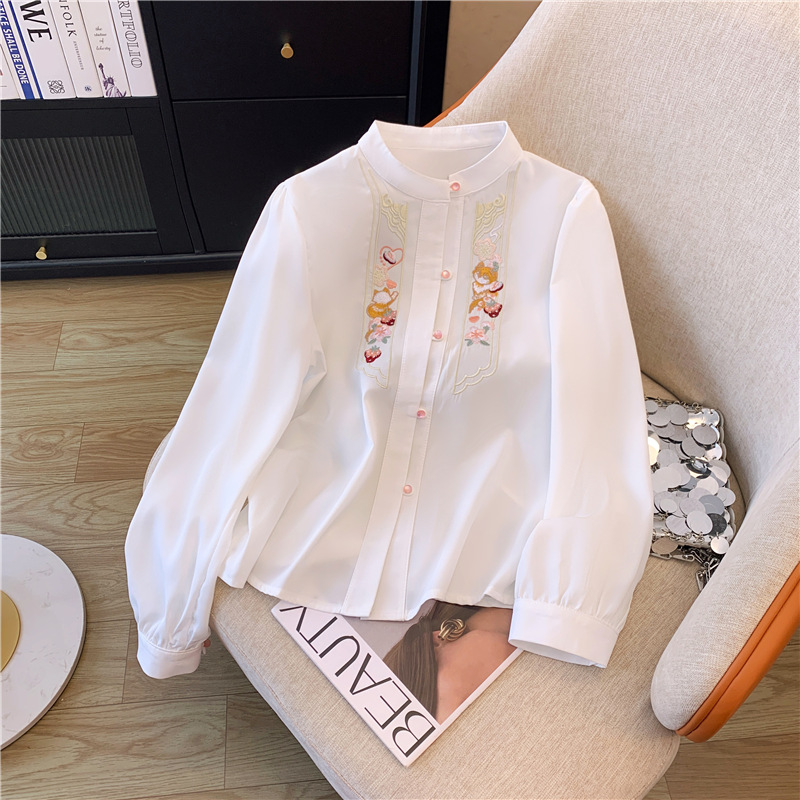 新中式长袖衬衫少女春秋2025新款初高中学生宽松休闲国风刺绣衬衣