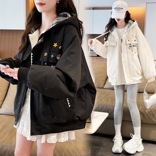 加绒加厚连帽外套女冬季2025新款初高中学生潮流复古绣花工装棉衣