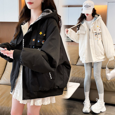 加绒加厚连帽外套女冬季2025新款初高中学生潮流复古绣花工装棉衣