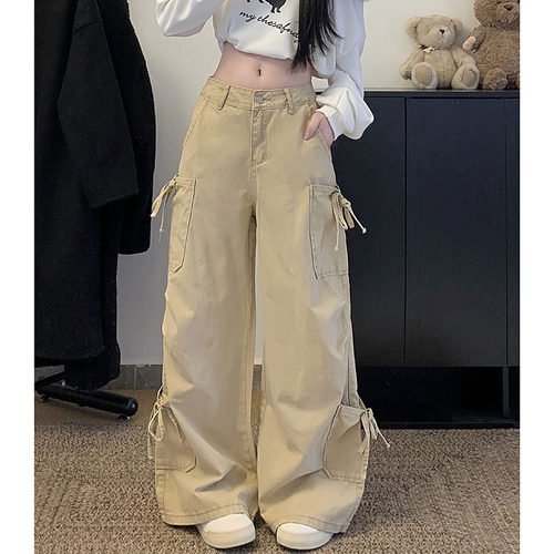 绑带多口袋工装裤女春秋2026新款学生设计感褶皱宽松休闲牛仔裤子
