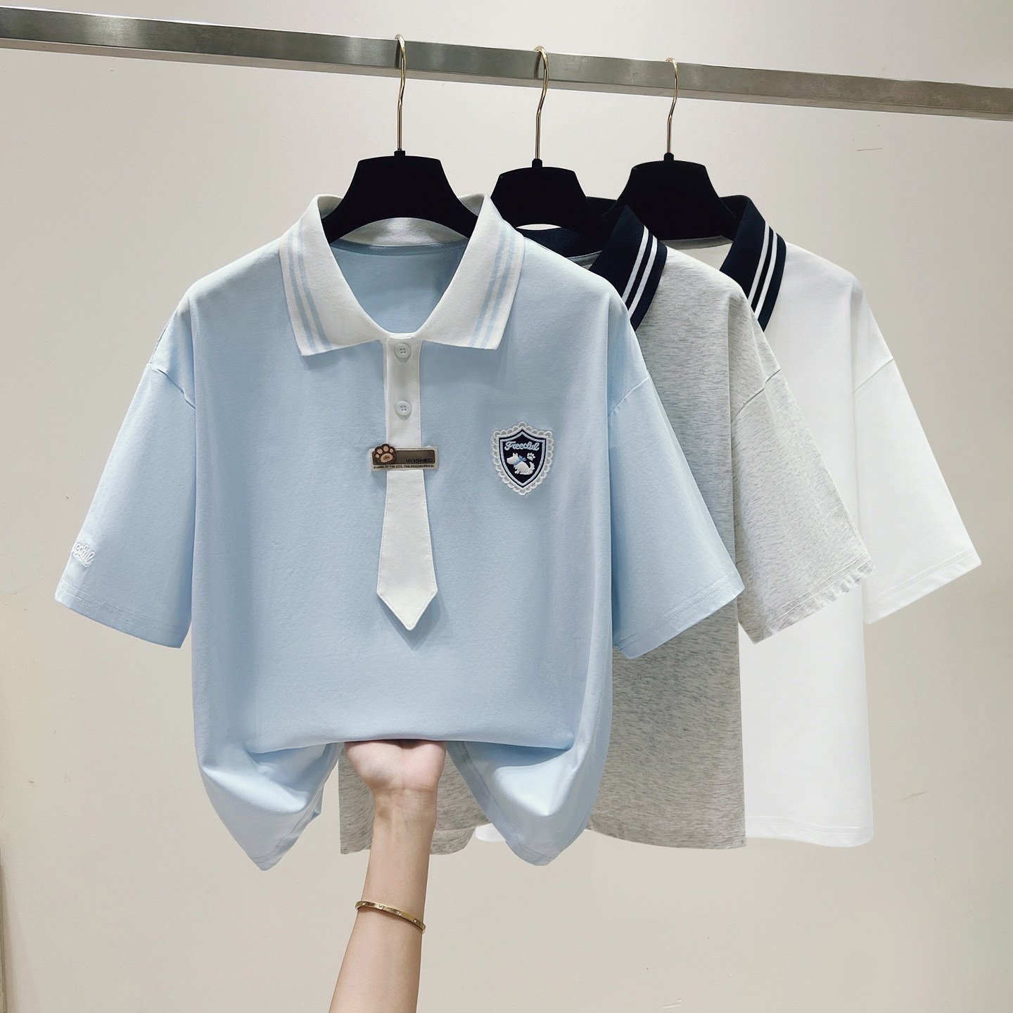 学院风清新领带polo衫女2026夏季新款初高中学生别致宽松短袖T恤