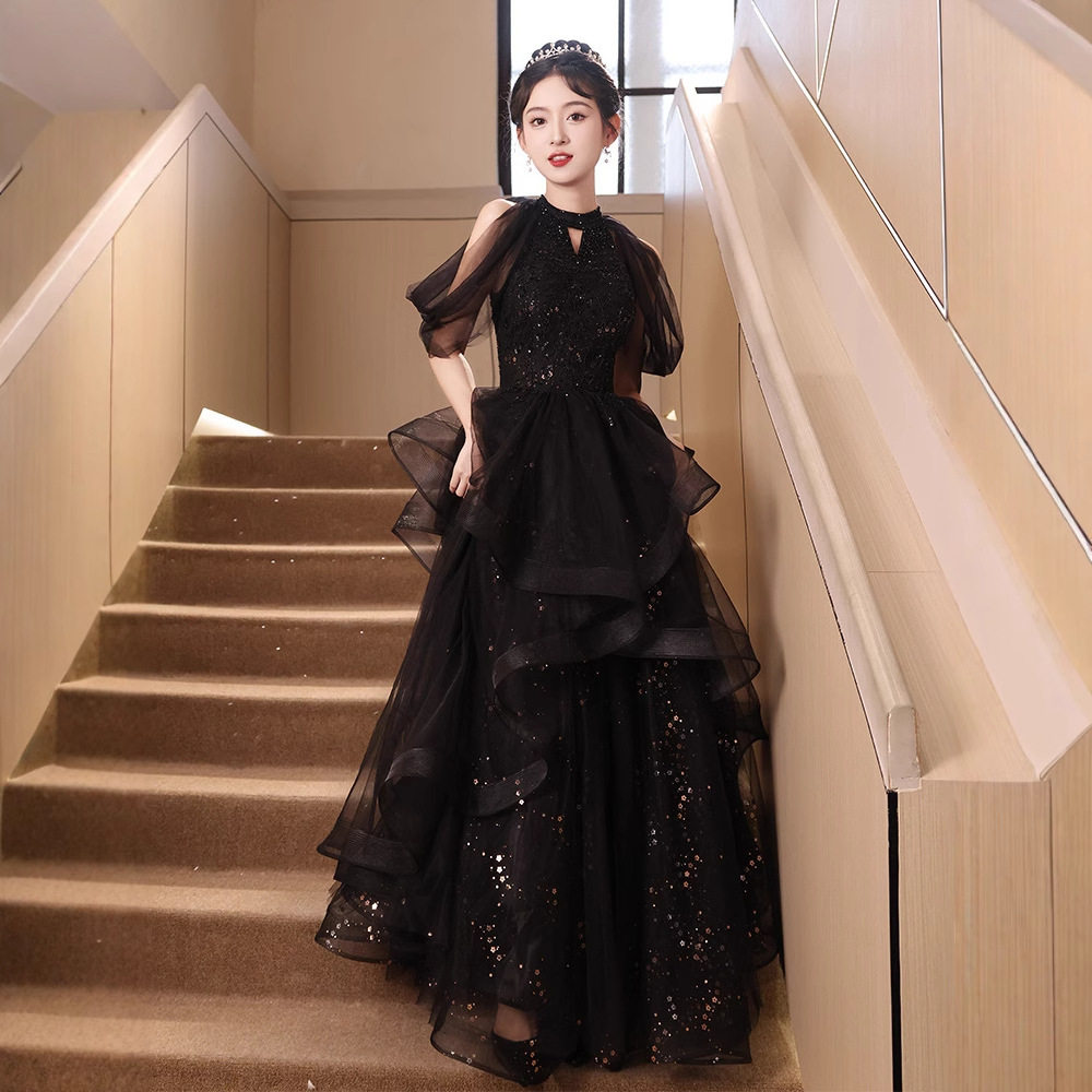 黑色亮片长款晚礼服艺考毕业礼