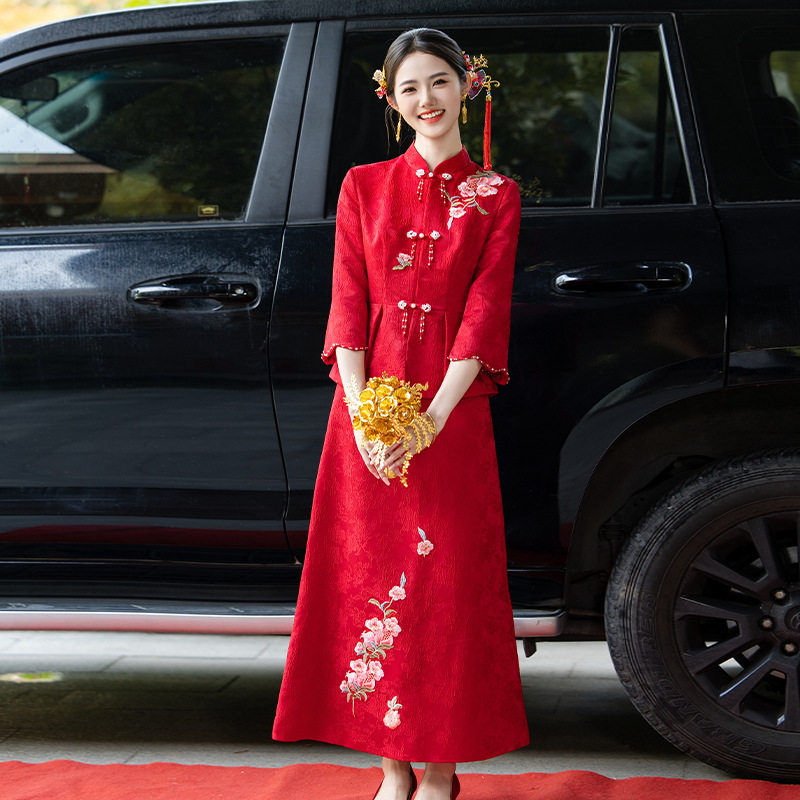 轻奢小众新中式红色刺绣七分袖旗袍套装礼服新娘敬酒服 结婚 回门