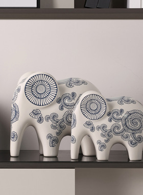 新中式陶瓷大象景德镇青花瓷器吉象如意摆件家居酒柜电视柜装饰品