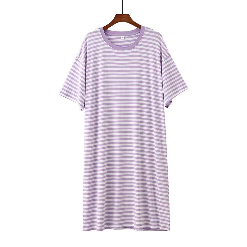 条纹莫代尔短袖圆领睡裙女夏季薄款中长款宽松大码家居服松弛感