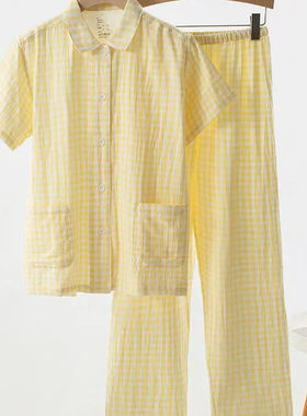 【糖果色】纯棉双层纱布情侣款细格短袖长裤家居服套装男女款套装