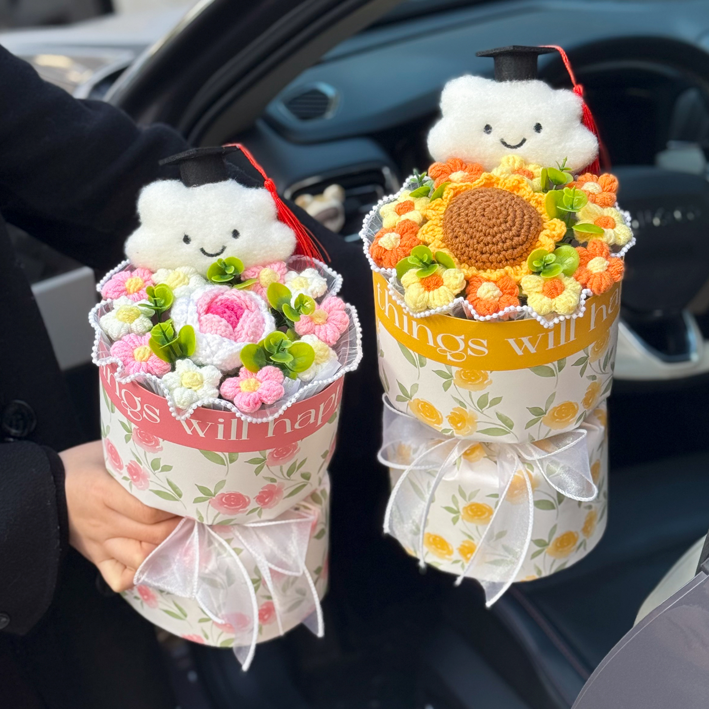 小香风编织向日葵玫瑰花束