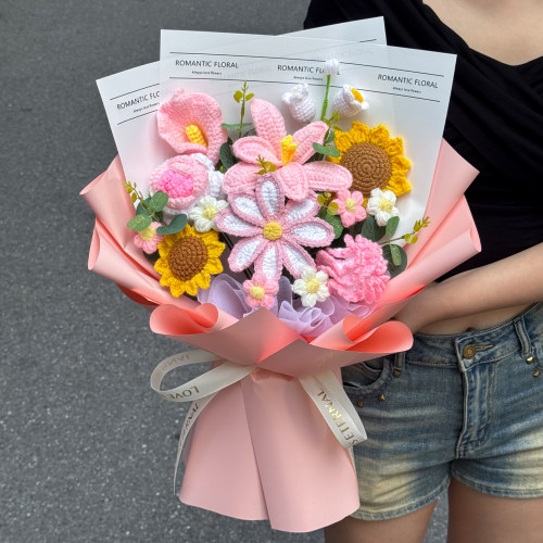 创意手工钩织毛线花束成品仿真向日葵郁金香送女友闺蜜生日礼物