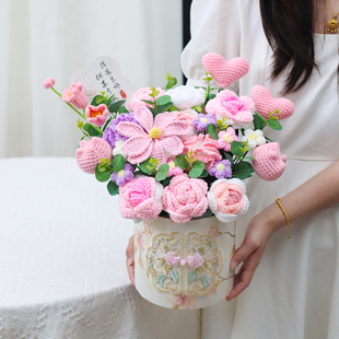 创意针织中国风抱抱桶仿真玫瑰郁金香纯手工礼物送长辈闺蜜老师