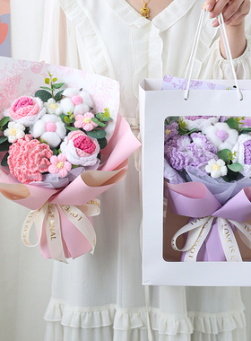 创意成品毛线针织花仿真康乃馨玫瑰花复古花束生日情人节礼物女友