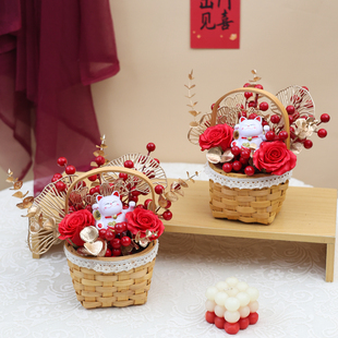年宵招财猫发财果仿真香皂玫瑰花篮乔迁春节氛围客厅装 饰摆件礼品
