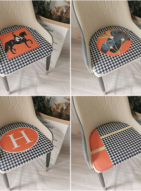 现代千鸟格马蹄形皮椅餐椅坐垫美式轻奢风橙色沙发菠萝椅垫有弧度
