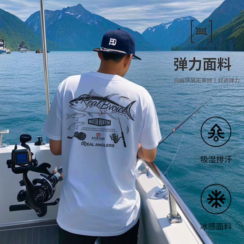 体恤男士路亚钓鱼T恤溯溪钓鱼服男夏季短袖圆领短款运动吸湿排汗