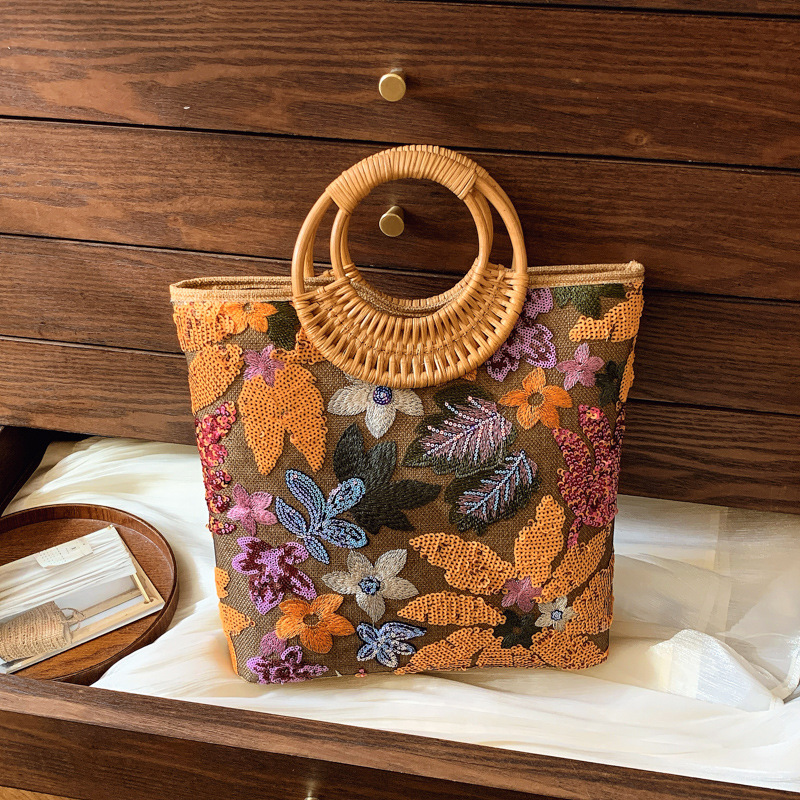 跨境亮片草编托特包感小众刺绣女士包包大容量时尚编织手提包