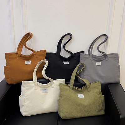 原创小众大容量包包女2024新款韩国条绒手提包学生补课斜挎托特