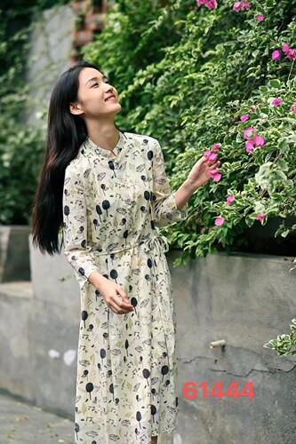 文艺气质立领印花长袖连衣裙 女裙CY61444