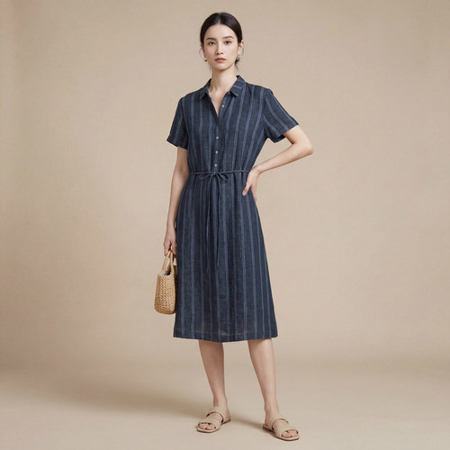 亚麻短袖连衣裙女宽松系带衬衫裙