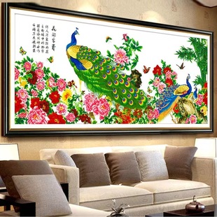 花开富贵孔雀非满绣235X100cm 纯手工十字绣成品