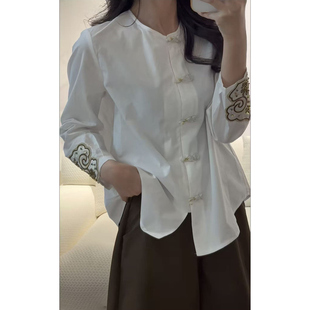 新款 上衣袖 重工新中式 女复古盘扣长袖 口刺绣 国风衬衫 欧货2025秋季