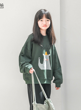 蔡爸爸童装25新款秋冬装男女青少年墨绿卫衣全棉套头上衣小熊1237