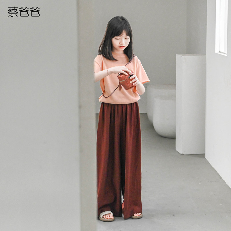 蔡爸爸童装时尚休闲针织衣服女大童夏装薄款粉色棉麻上衣026+511