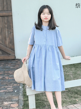 蔡爸爸儿童装2026夏装文艺小清新蓝色裙子女孩全棉条纹连衣裙171