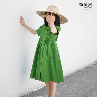 第316个童话新款 蔡爸爸童装 夏装 文艺女童裙子绿色百褶大童连衣裙