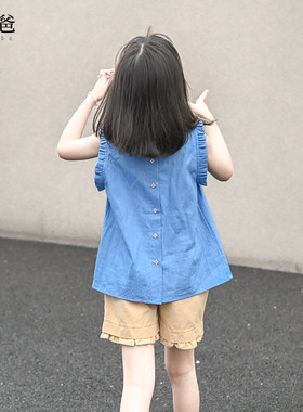 夏女大童无袖衬衫蓝色小背心