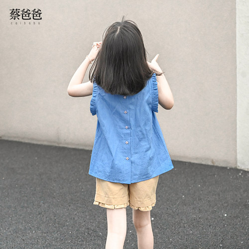 夏女大童无袖衬衫蓝色小背心