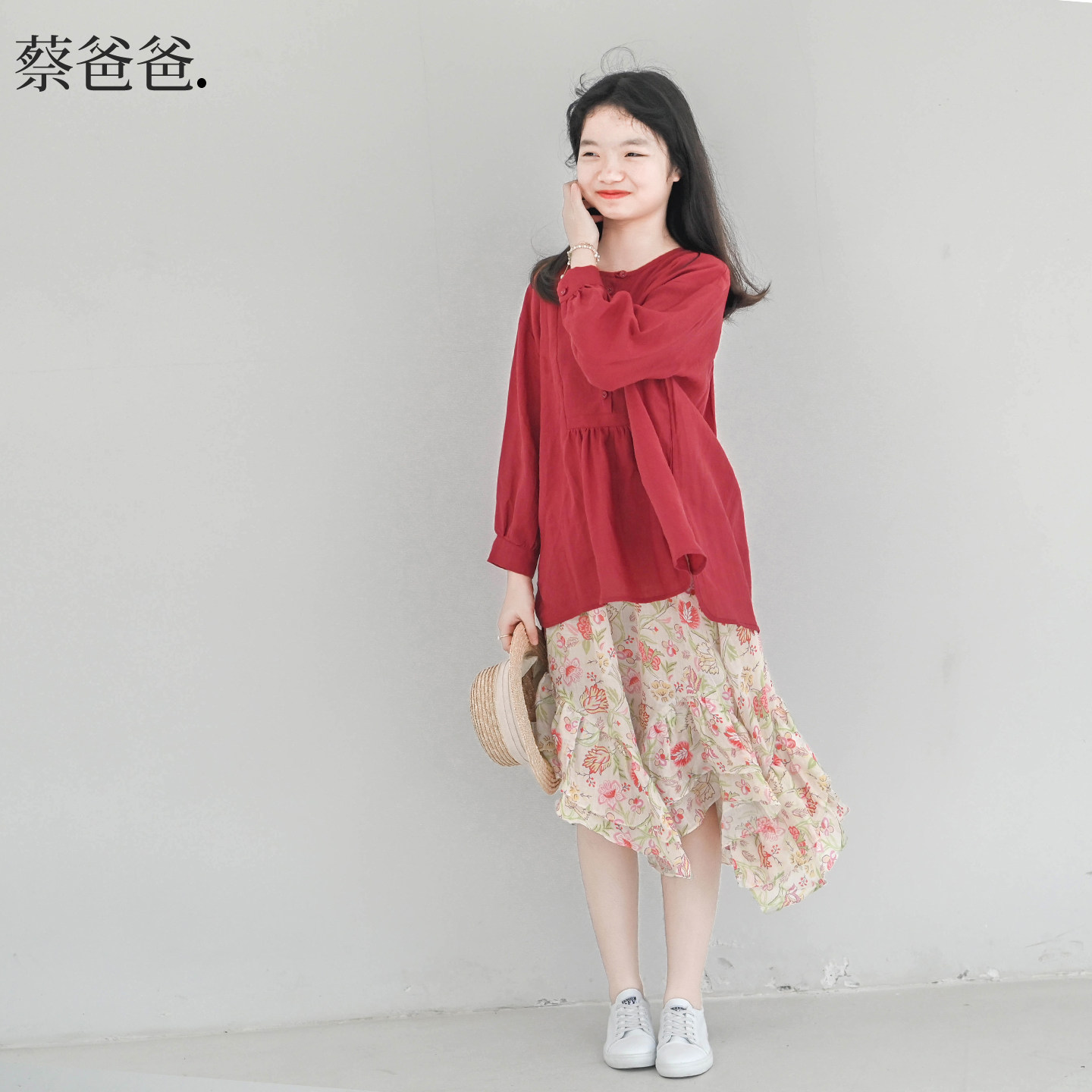 春秋装女孩纯苎麻酒红色宽松衬衫