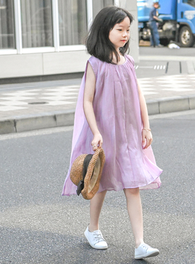 蔡爸爸原创设计童装天丝宽松连衣裙2026款夏装女大童紫色裙子037
