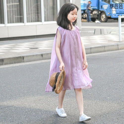 蔡爸爸原创设计童装天丝宽松连衣裙2026款夏装女大童紫色裙子037