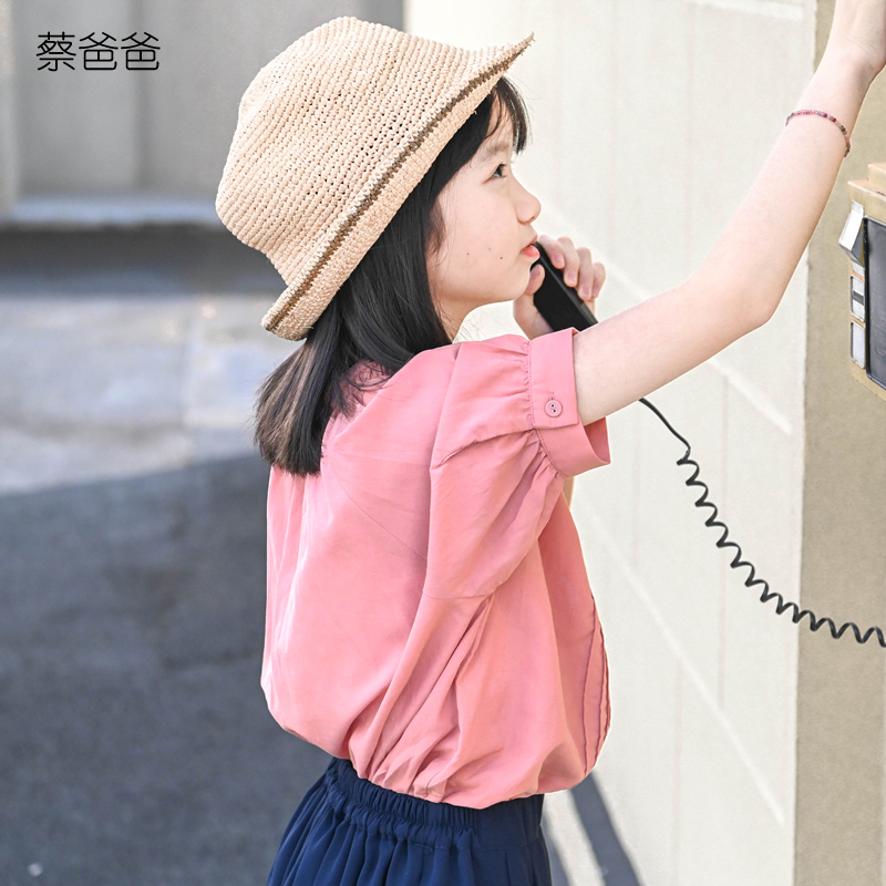 亲子夏装粉红色短袖薄款衬衫