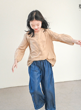 蔡爸爸童装文艺条纹衬衫中童衣服2026新款春秋女孩圆领衬衣1228