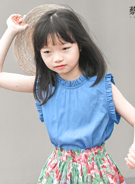 蔡爸爸原创童装 蓝色小背心 新款夏装女大童无袖衬衫180+176+905