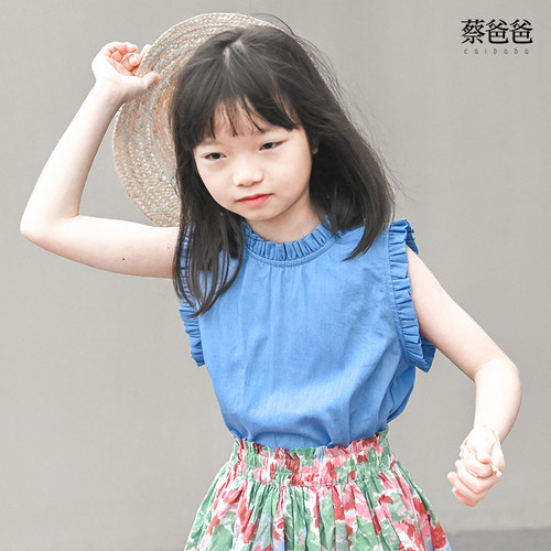 夏女大童无袖衬衫蓝色小背心