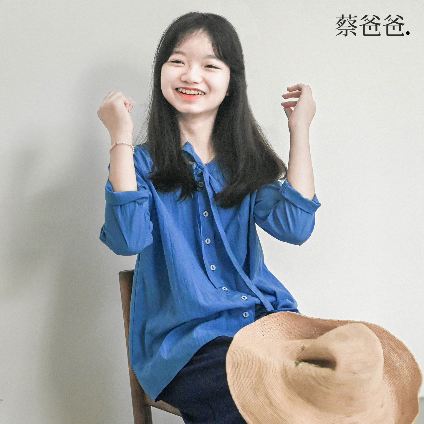 休闲日系春秋装女装蓝色长袖衬衫