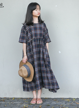 蔡爸爸童装蓝色宽松大袍子2026新款夏装文艺女大童格子连衣裙783